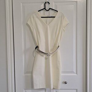 NWOT Mango Cream V Neck Cap Sleeve Dress with Belt